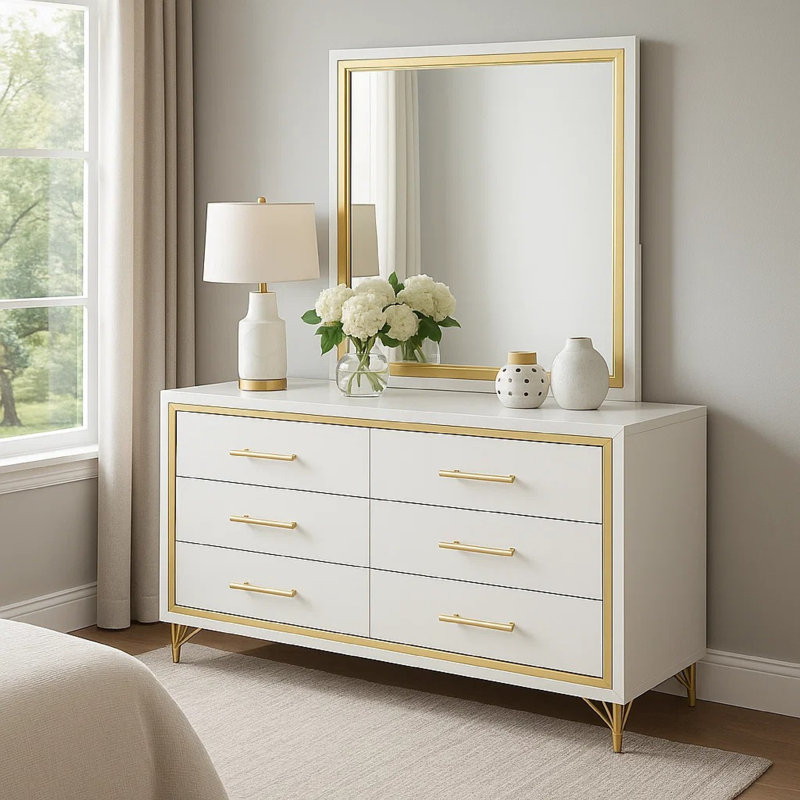 Jenny Wide Dresser With Mirror, Retro Modern Gold Legs, White, White