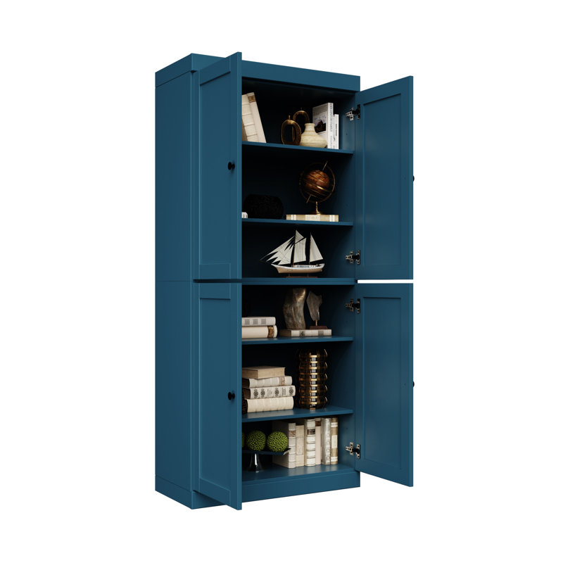 100% Solid Wood 6-Shelf Bookcase, Shaker Doors, Adjustable Shelves, 32" Wide, 71.5" Tall, Teal Blue