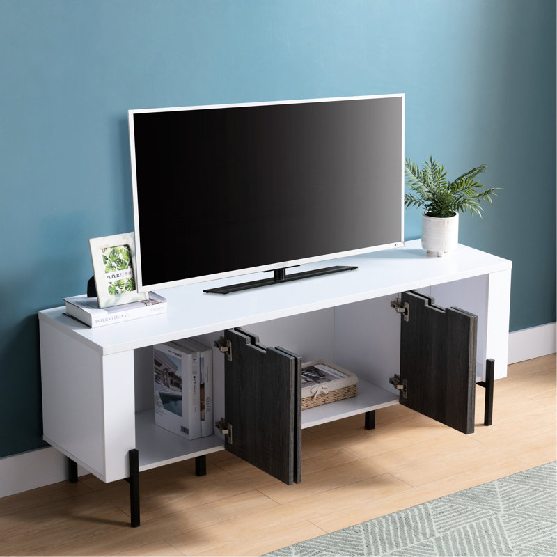 Meuble télé 60 po à deux tons avec quatre portes d'armoire, armoire de rangement - blanc et gris vieilli