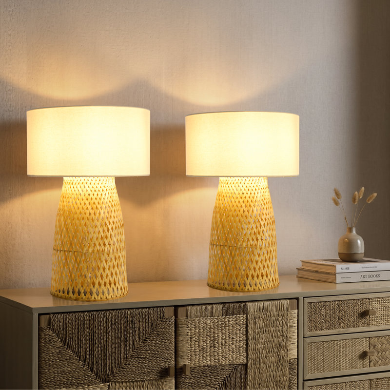 Ensemble de 1 lampe de table en bambou tissé de style Mid-Century, Blanc