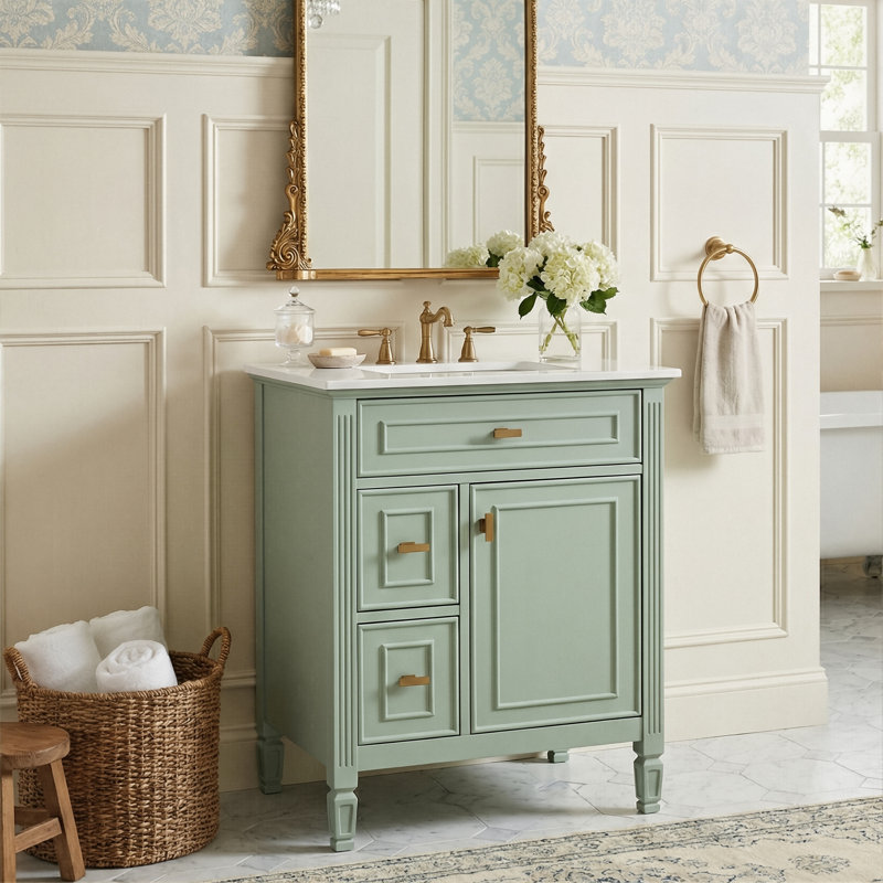 24" Modern Farmhouse Vanity Set, Solid Wood & MDF Cabinet With Gold Handles, Ceramic Top & 3-Drawer Storage, Green