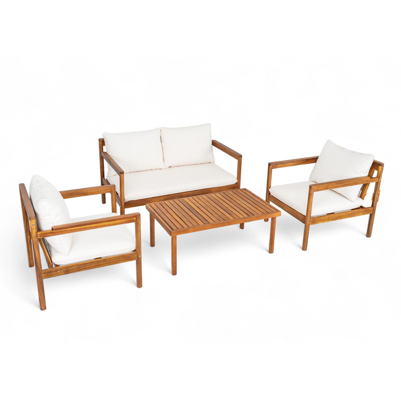 Ensemble de conversation d'extérieur en bois d'acacia 4 pièces avec dossier et coussins Gordon