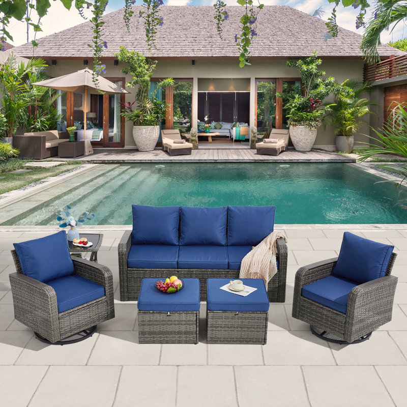 6 Pieces Wicker Patio Furniture Sets, Outdoor Conversation Set PE Rattan Sectional Sofa Couch With Swivel Chairs Ideal For Indoor Porch Deck Bistro Lawn Garden Backyard Poolside