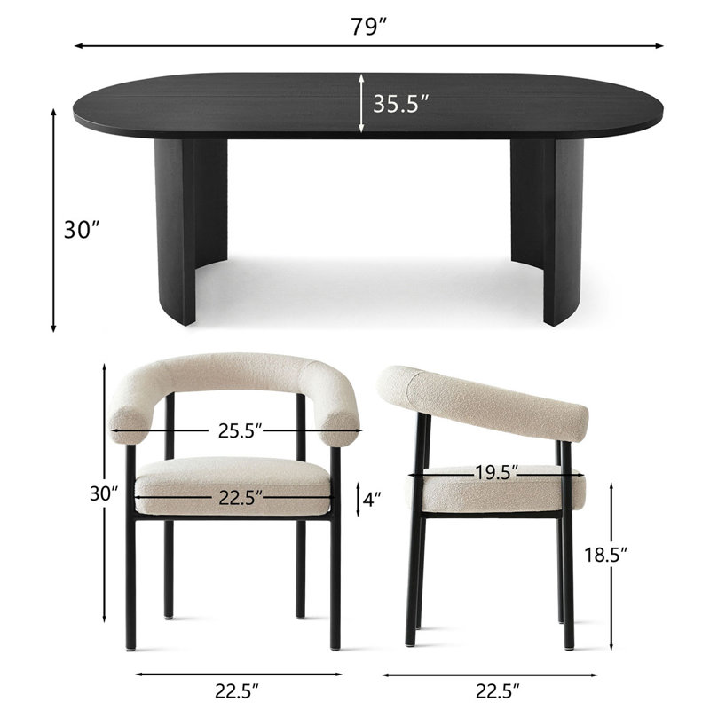79'' Oval Black Dining Table With 6 Beige Boucle Upholstered Dining Chairs, Modern Dining Room Set