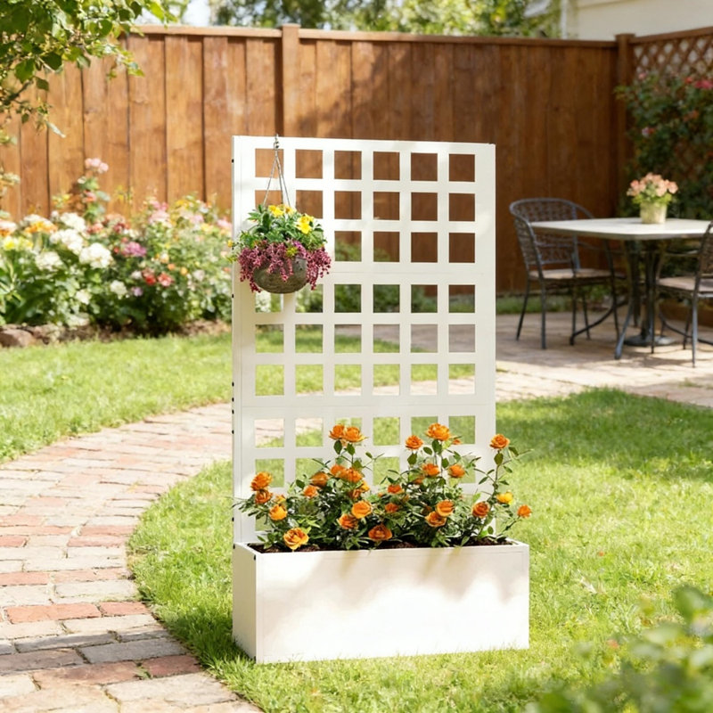 Jardinière en acier galvanisé avec treillis, jardin surélevé avec trous de drainage, White