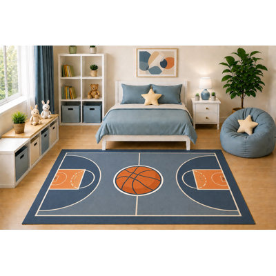 Tapis ultra-léger 152 x 213 cm pour chambre d'enfant, motif terrain de basket, style moderne, idéal pour une chambre de garçon ou une salle de jeux. Dos en silicone antidérapant, poils courts.