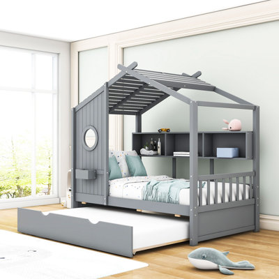 Aliyyah Wood House Daybed With Twin Size Trundle and Shelves by Harper Orchard