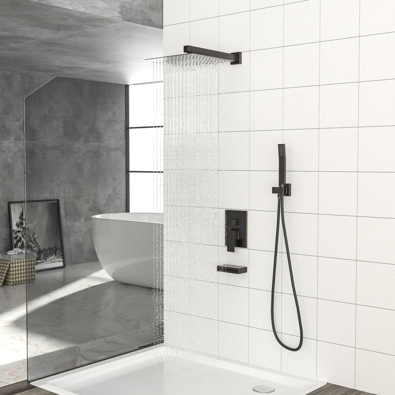 Oil Rubber Bronze Shower - 12 Inch Square Rainfall Head, Handheld, Waterfall Tub Spout, , -Balanced Valve, Wall Mounted, Easy Installation, Adjustable Water Flow, Rain Spray Pattern Oil-Rubbed System