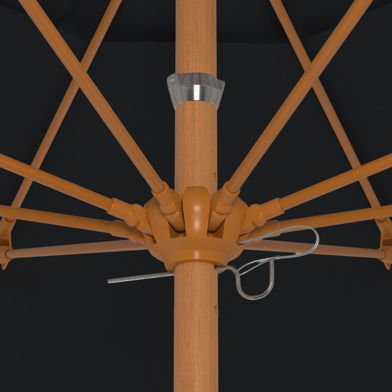Parasol de patio en bois de teck de 9 pieds avec nervures en fibre de verre et poussoir en Pacifica noir