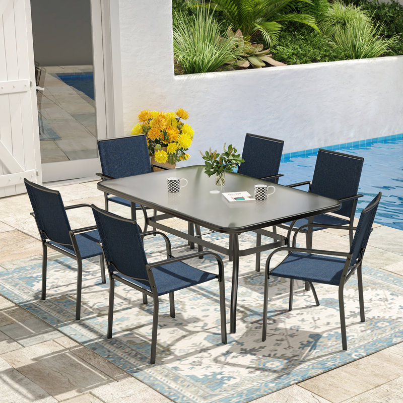Ensemble repas pour 6 personnes avec table en verre trempé, Bleu