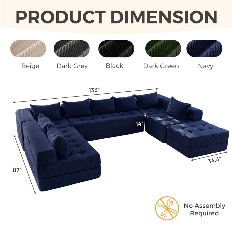 Boneless U Shaped Modular Sectional Sofa Couch, Blue Corduroy, 15" H x 133" W x 87" D