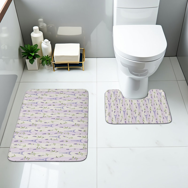 Paris Bathroom Rug Set 2 Pieces Rectangle & Contour Mats Pale Green Lavender