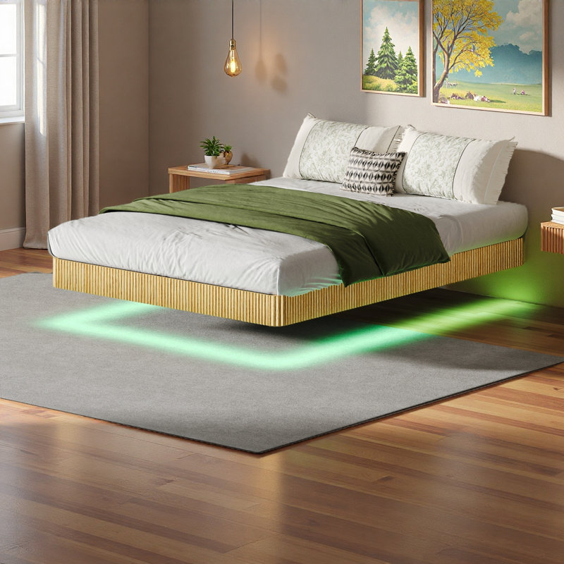 Cadre de lit flottant avec lumières DEL, lit à texture de bois Wave Curve avec lattes en métal robustes - aucun sommier requis