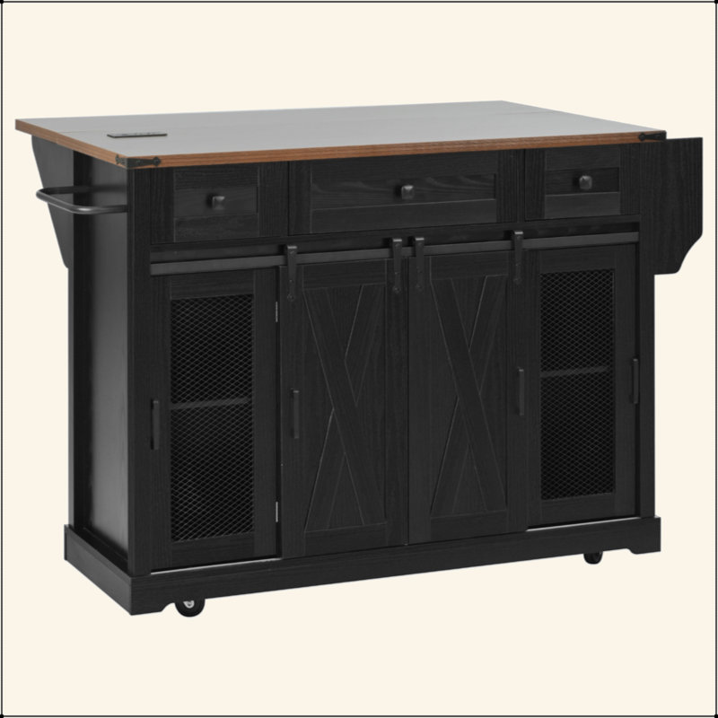 58" Farmhouse Kitchen Island With Storage, Sliding Barn Door & Metal Grid Side Door, Rolling Kitchen Island On 5 Wheels With Spice Rack, Glass Holders,Island Table With Drop Leaf For Kitchen
