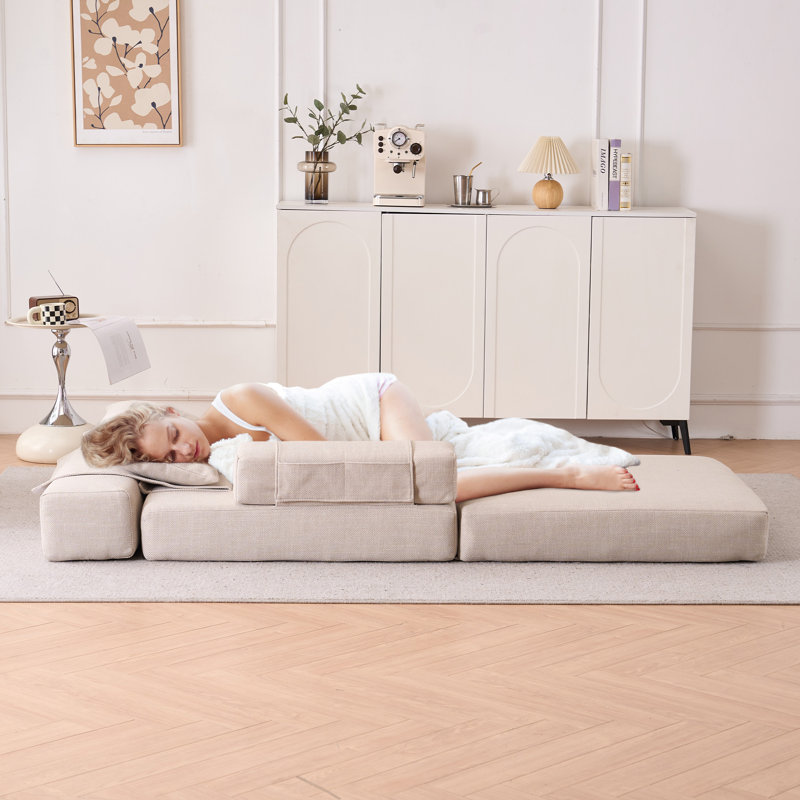 Multi-Function Folding Sofa with High-Density Foam, Linen Upholstery, and Storage Pockets, Cream Linen Blend