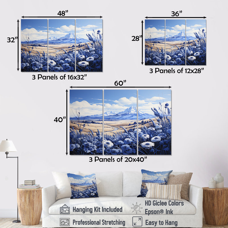 «Mountain Cornflowers Field Charm», ensemble d'art mural sur toile, Toile tendue, H 32 po x l 48 po x P 1 po