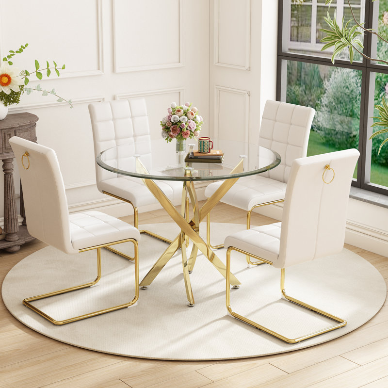 5- Piece Dining Table Set,Glass Top Metal Base Dining Tablewith 4 Faux Leather Dining Chairs, White/Gold, Gold