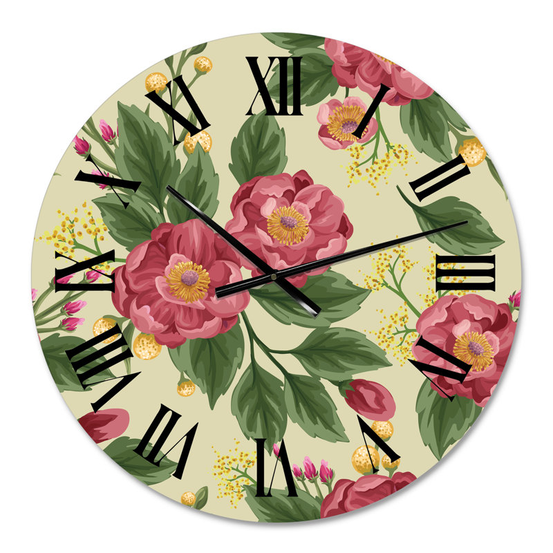 Vintage pivoines et pois sucrés sur beige - horloge murale traditionnelle, Surdimensionné