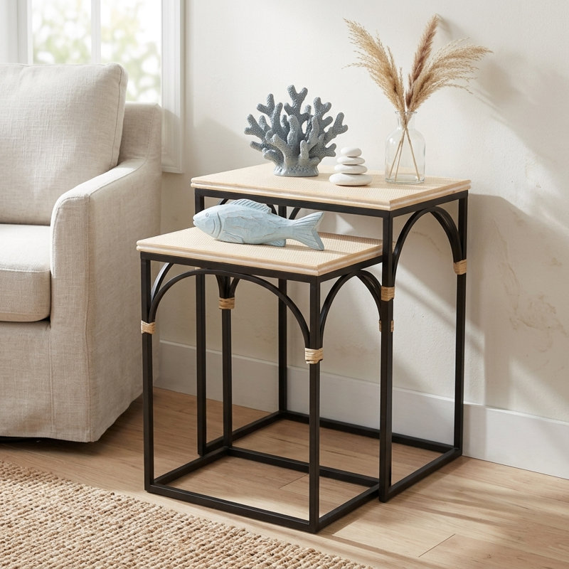 Claudette Set of 2 Rattan Accented Wood & Metal Rectangle Side Tables