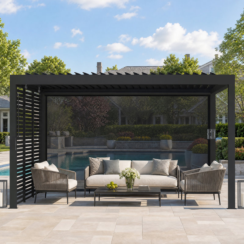 Aurora X 12 pi Pergola à persiennes avec double couche réglable, système de gouttière intégrée et prise de courant USB, écran de grille horizontal extérieur et écran à enroulement