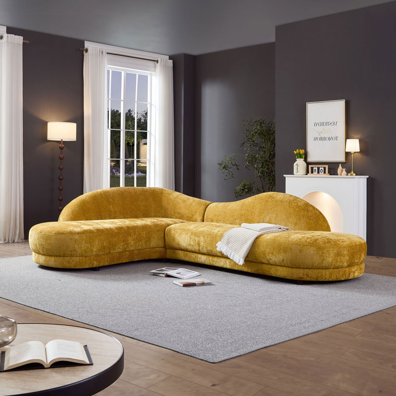 114" Modular Upholstered Sectional Sofa, Mid-Century Modern Polyester L-Shaped  Sofa With Cloud-Soft Cushions,Left Facing Chaise ,Yellow