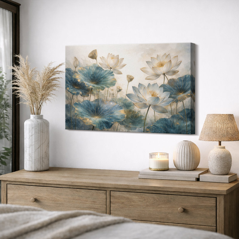 Art de fleurs de lotus, images de jardin d'eau, art mural impression sur toile encadrée, H 12 po x l 18 po x P 1,5 po