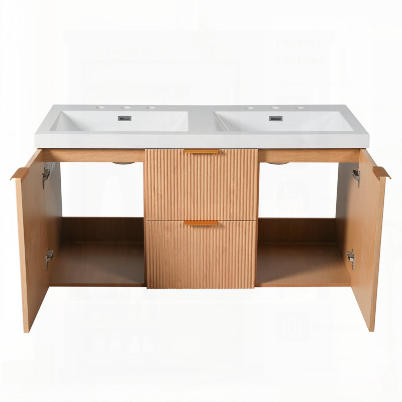 Meuble-lavabo double avec comptoir en SMC, armoire en panneau de fibres à densité moyenne, portes à fermeture en douceur, tiroirs divisés, meuble-lavabo mural moderne