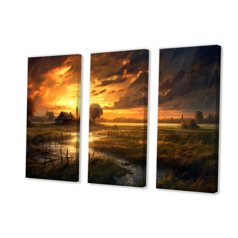 Glorious Sunset Over Waterway In The Fields I 3 pièces, H 28 po x l 36 po x P 1 po