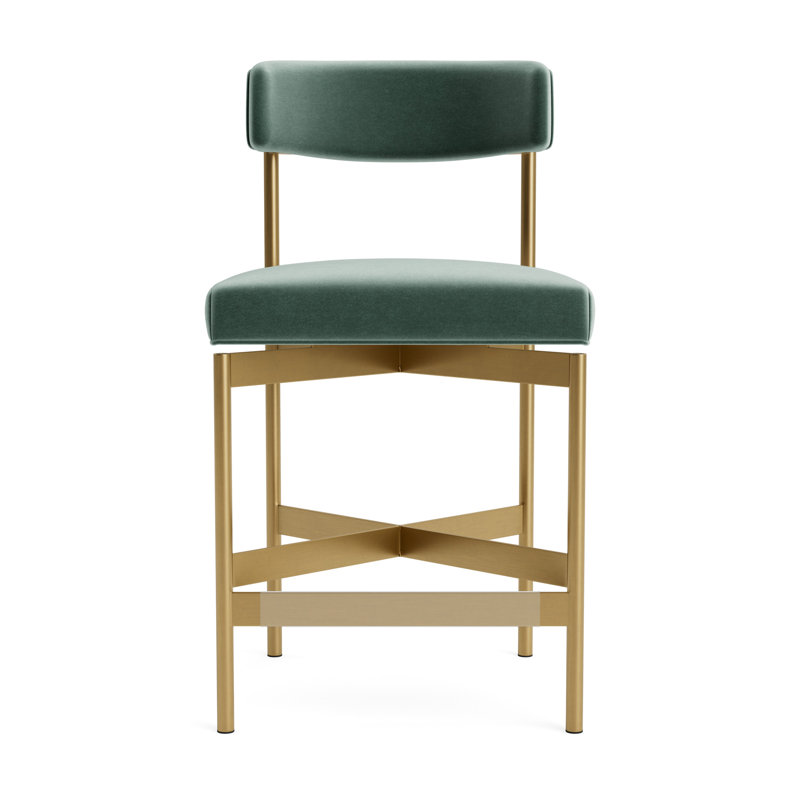Remy Bar Stool, Performance Velvet - Jade, Brushed Brass, Counter Stool (25” Seat Height)