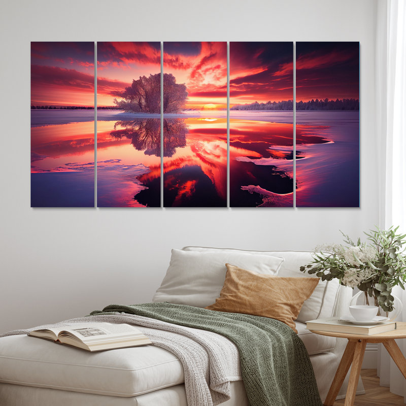 «Majestic Sunshine Over Snowy Winter Lake I», reproduction d'art sur toile - 5 panneaux égaux