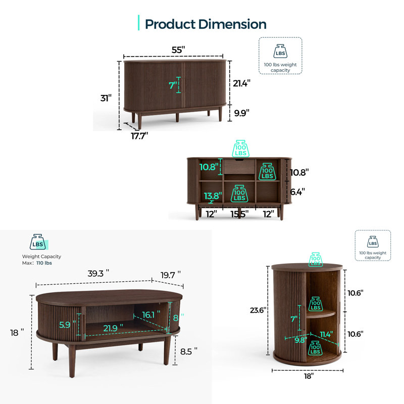 3-Piece Living Room Table Set, Dark Brown Wood