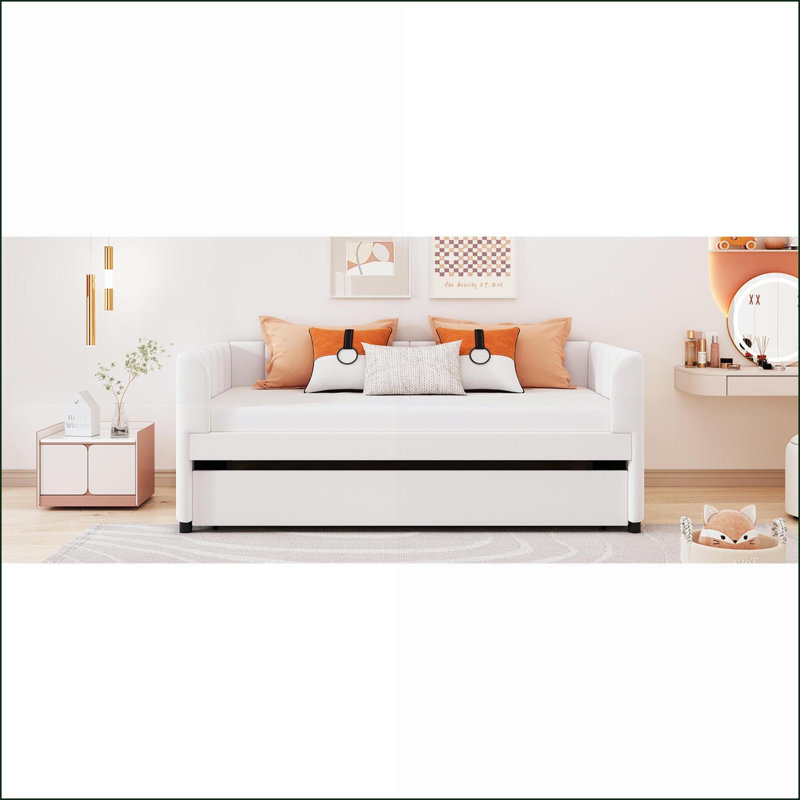 Twin Size Velvet Upholstered Daybed with Ergonomic Backrest &amp; Trundle, Beige - No Box Spring Needed