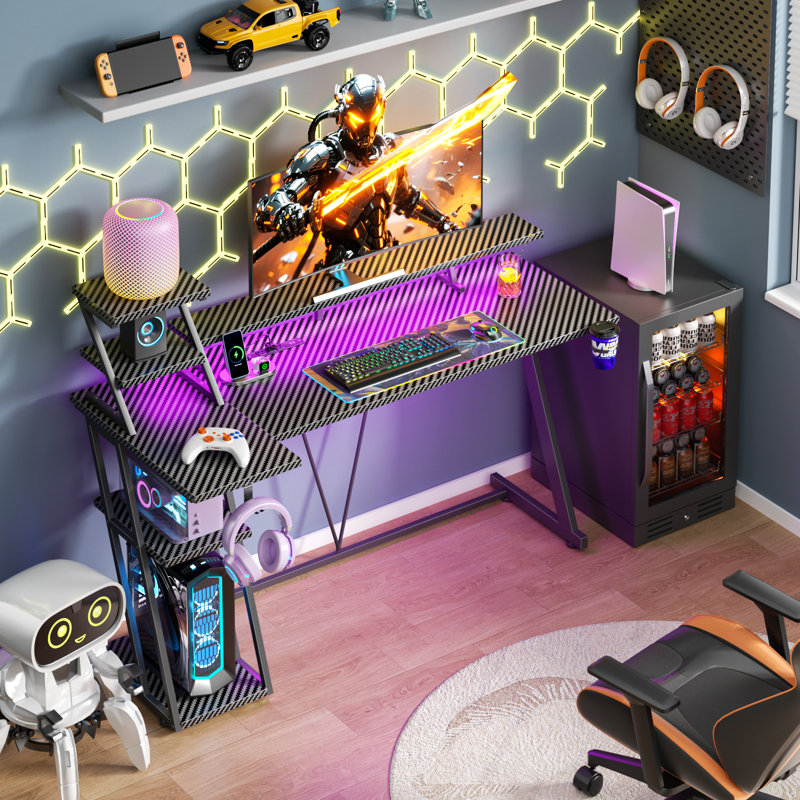Gaming Desk With Monitor Stand & Cpu Stand,Computer Desk With Power Outlet & RGB LED Lights,Home Office Desk With Cup Holder & Headphone Hook