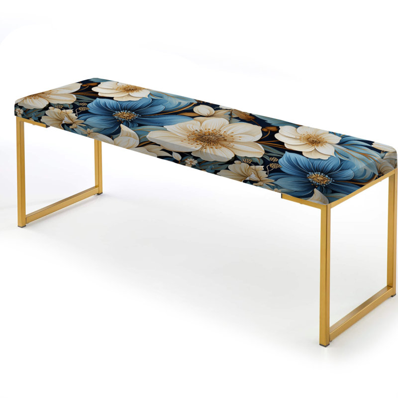 Upholstered Gold Bench, Blue And White Flowers Retreat