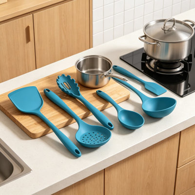 Ensemble de 6 ustensiles de cuisine en silicone, ustensiles de cuisine bleu marine pour batterie de cuisine antiadhésive, silicone de qualité alimentaire, va au lave-vaisselle, ensemble de gadgets de cuisine résistants à la chaleur