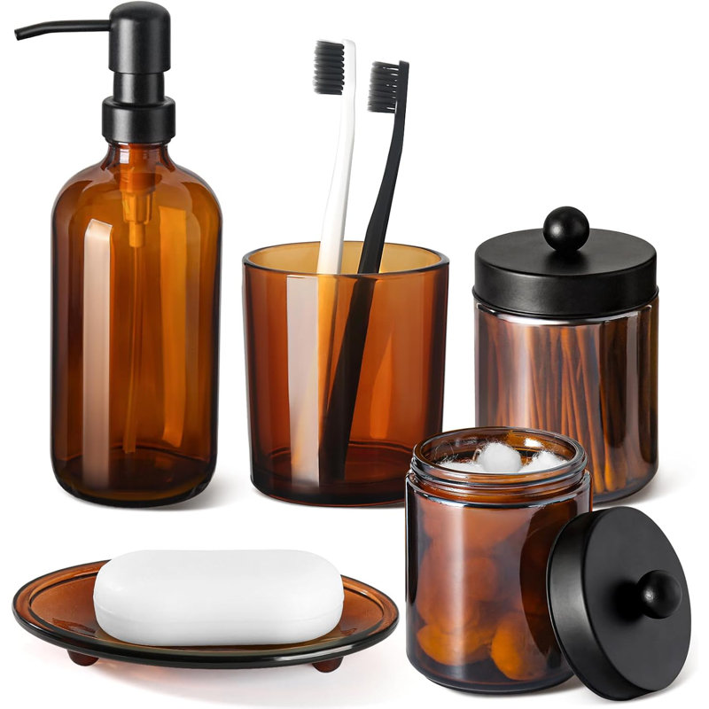 Ensemble d'accessoires de salle de bain, ensemble de 5 ensembles d'accessoires de salle de bain en verre ambré complet, distributeur de savon brun et porte-brosse à dents, ensemble de lavabo de comptoir de salle de bain avec étiquettes, décor de salle de bain rétro moderne et rustique