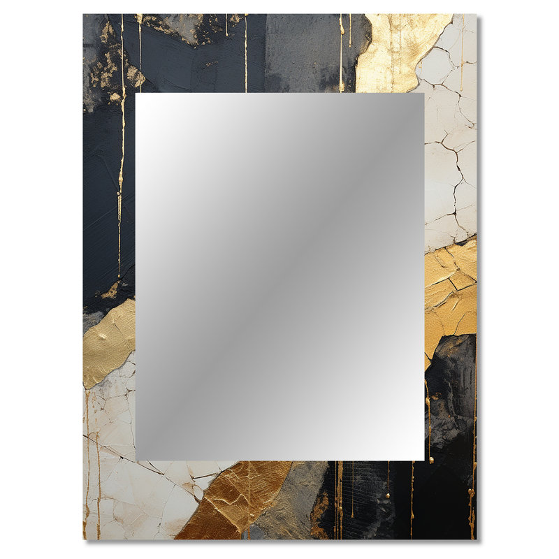 «Black Gold Adorned Poteries V», miroir mural unique à spirales abstraites, miroir moderne, art imprimé en métal