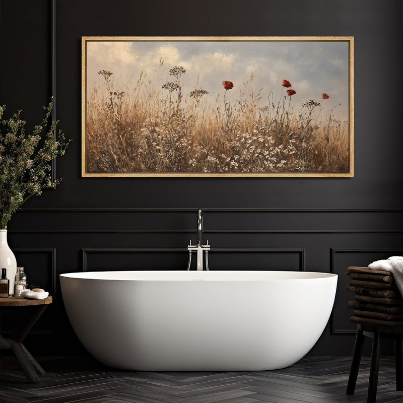 «Meadow Wildflowers with Red Poppies Under Soft Sky», reproduction d'art sur toile encadrée, H 30 po x l 60 po x P 1,5 po