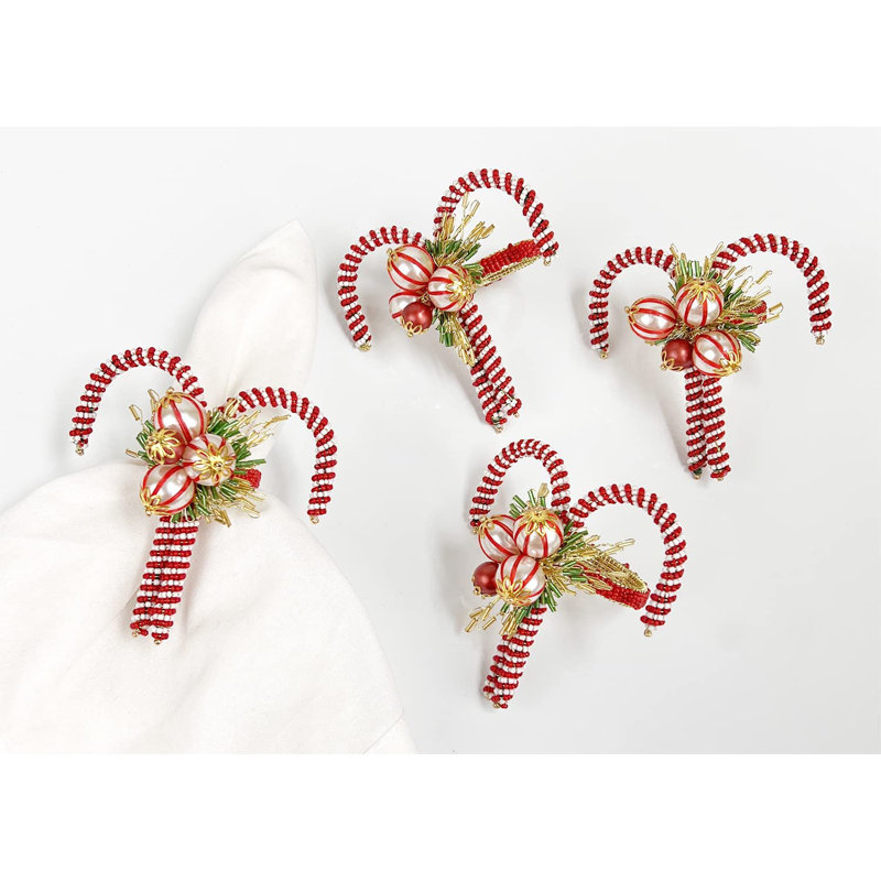 Ensemble de 4 rondelles de serviettes de table en canne de bonbon perlées à la main