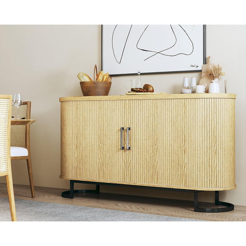 Fluted Tambour Sideboard Buffet Cabinet With Adjustable Shelves, Mid-Century Console