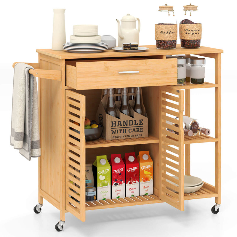 35.5" Kitchen Island Cart With Lockable Wheels Drawer Open Shelves Towel Bar