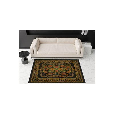Tapis noir tissé à franges Karabagh