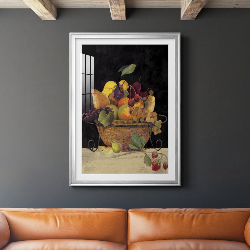 Fruit Basket II Revisit - Matted and Framed Under Glass, Large Living Room Wall Art, 42.5" H x 30.5" W x  1" D, Silver Framed
