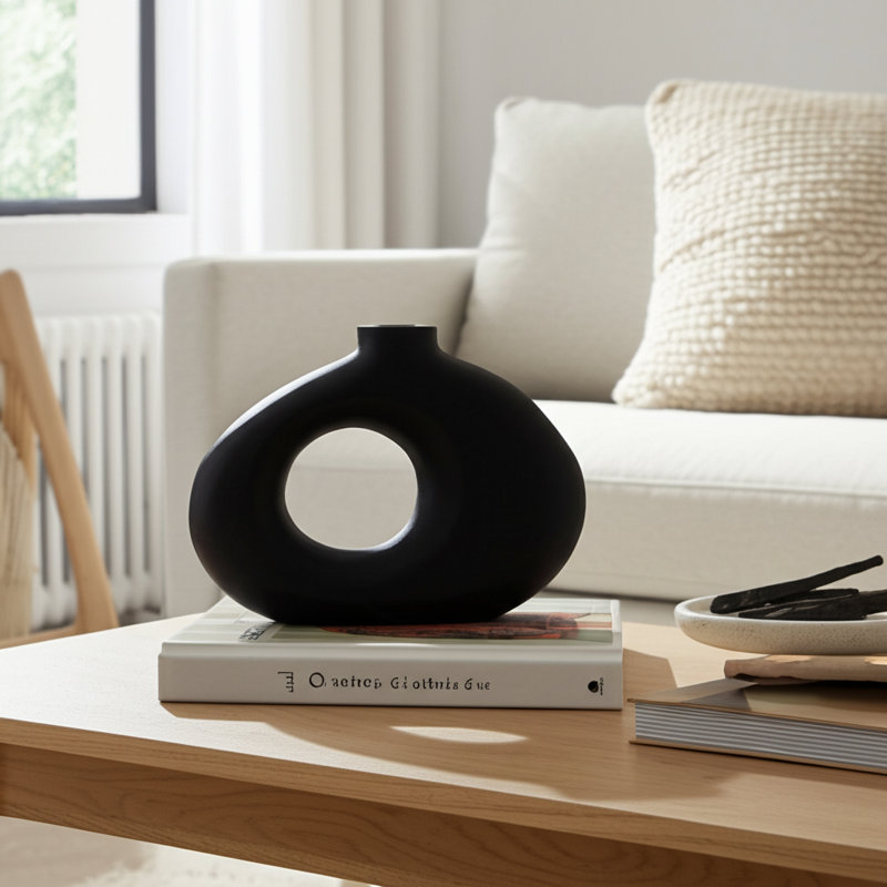 Elikem Modern Mango Wood Vase with Round Cutout Silhouette and Minimalist Sculptural Design for Contemporary Decorative Accents