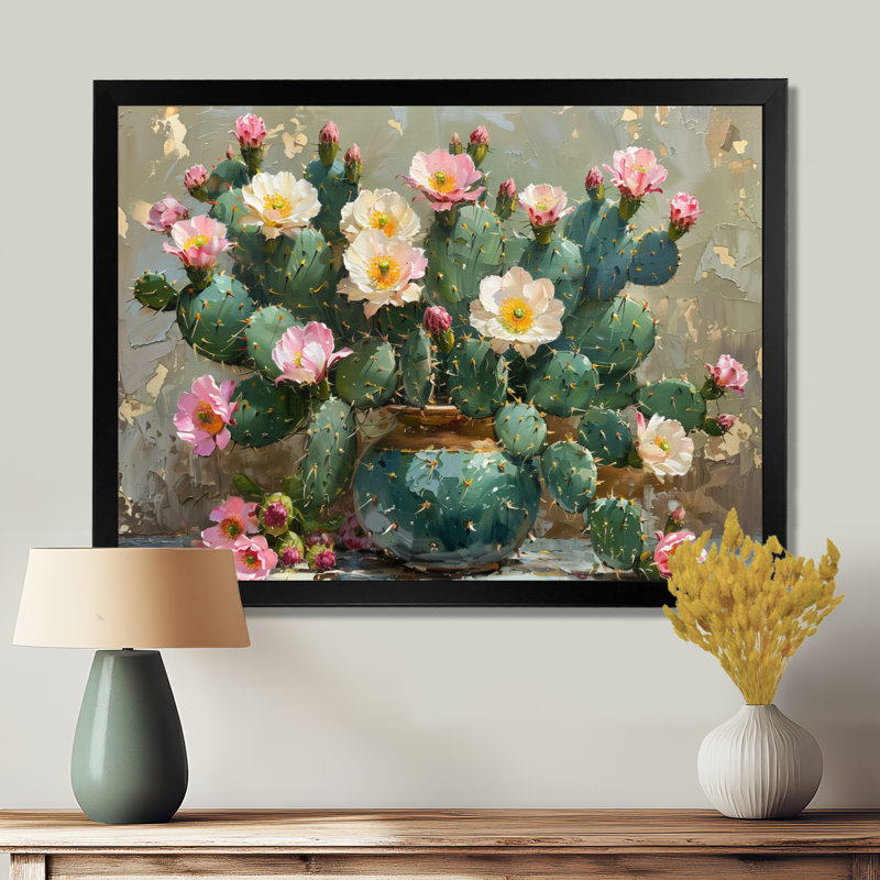 Cactus vert et rose en fleurs - Cactus floral, H 24 po x l 32 po x P 1 po, Toile encadrée noire simple