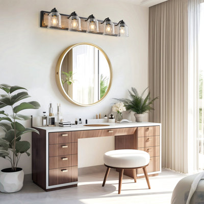 40" Bathroom Vanity Light - 5-Light Black Metal + Wood Grain, Clear Seeded Glass Shades, Farmhouse Industrial Design