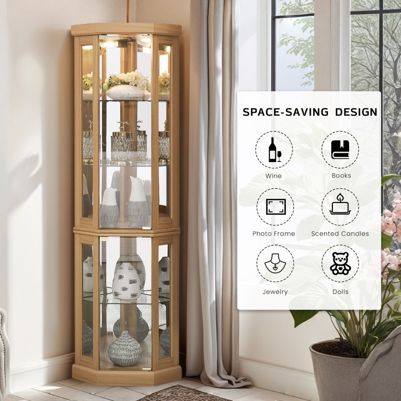 Corner Curio Cabinet, 70" H Lighted Glass Display Cage with Tempered Glass Doors and Adjustable Shelves, Bulb Inclued, Wine Bar China Cabinet for Living Room Liquor Storage