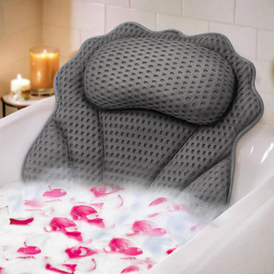 Rebrilliant Bath Pillow For Tub With 4D Air Mesh Fabric & Ergonomic Support For Head Neck Back – Quick-Drying & Machine Washable Gray Spa Cushion With Strong Suction Cups