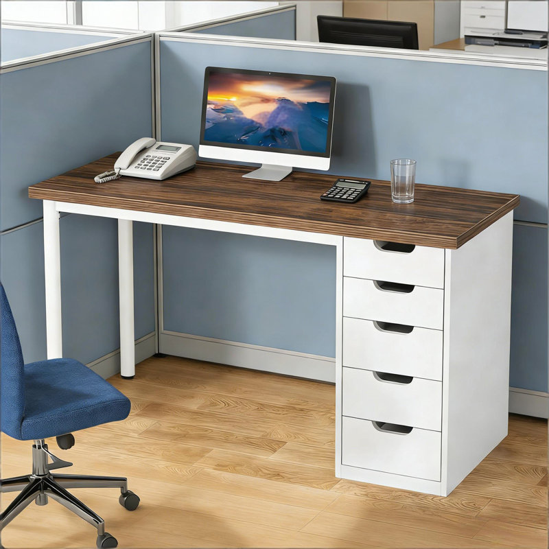 Poste de travail d'ordinateur durable et élégant avec cinq tiroirs pour un bureau à domicile organisé, Brun