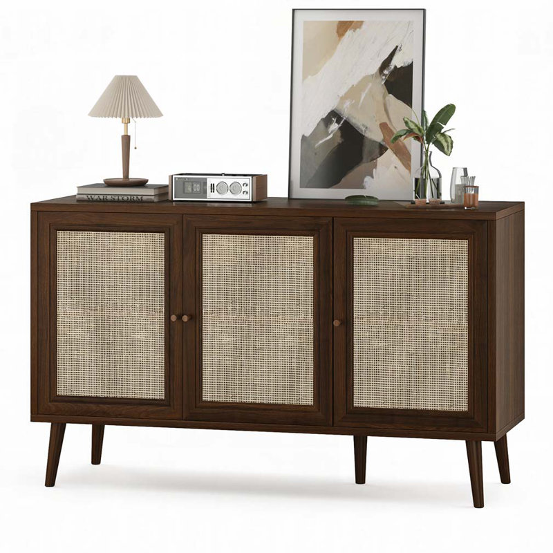3 Rattan Doors Storage Accent Cabinet, Black